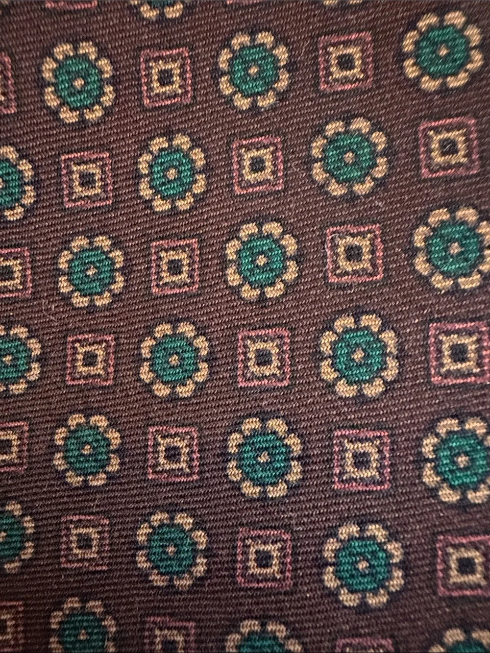 J. Crew Brown Geometric Silk-Blend Tie with Green Accents
